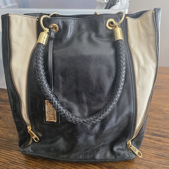Badgley Mischka Handbags - Badgley Mischka Black and Cream leather Shoulder tote Bag with Gold Accents